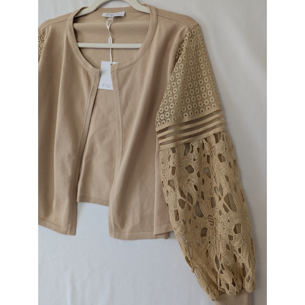 Siani Milano Cardigan Sweater Womens Size XL Flax Tan Open Lace Sleeves Modest - Picture 3 of 10